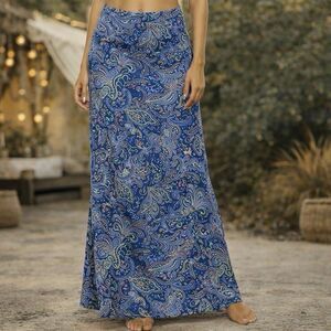 Urban Coco Paisley Maxi Skirt Blue Boho Stretch A-Line Long Women L